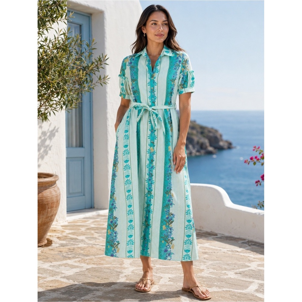 NWT Celina Moon Floral Stripe Cotton Belted Maxi Shirt Dress M Anthro Tuckernuck